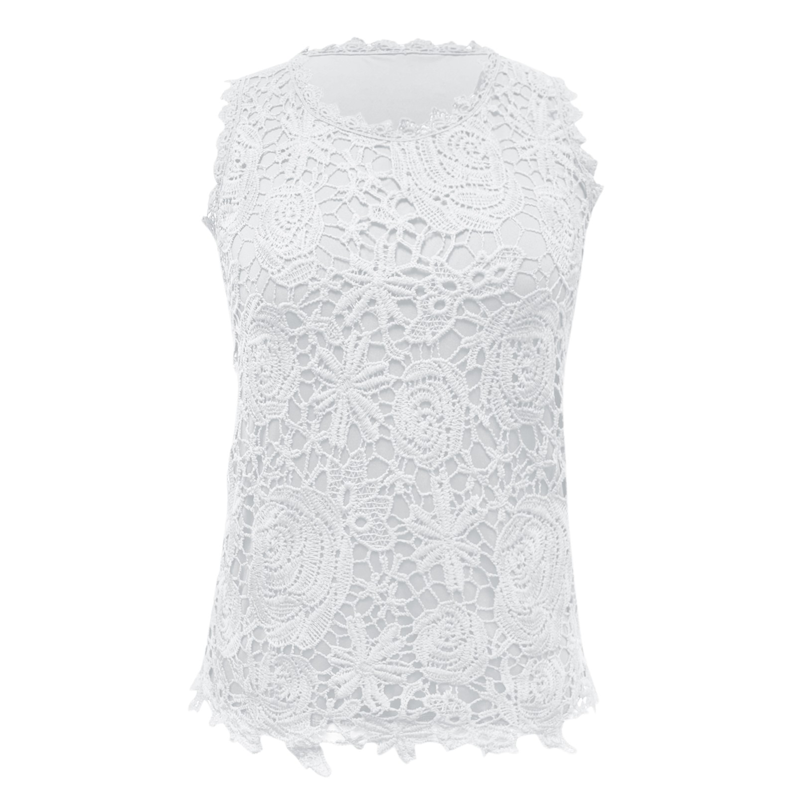 thumbnail image 5 of Camiseta sin mangas con cuello en V y encaje para mujer: poliéster, botones en la espalda, bordado floral, informal para el verano, 5 of 6